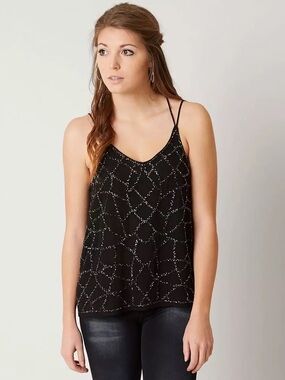 BKE Buckle Boutique Black Beaded Strappy V-Neck Tank Top